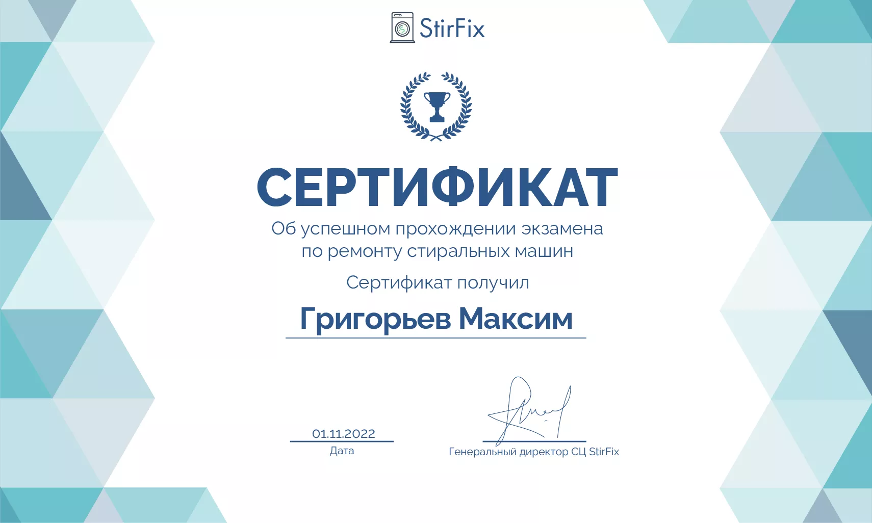 Григорьев Максим сертификат мастера по ремонту стиральных машин