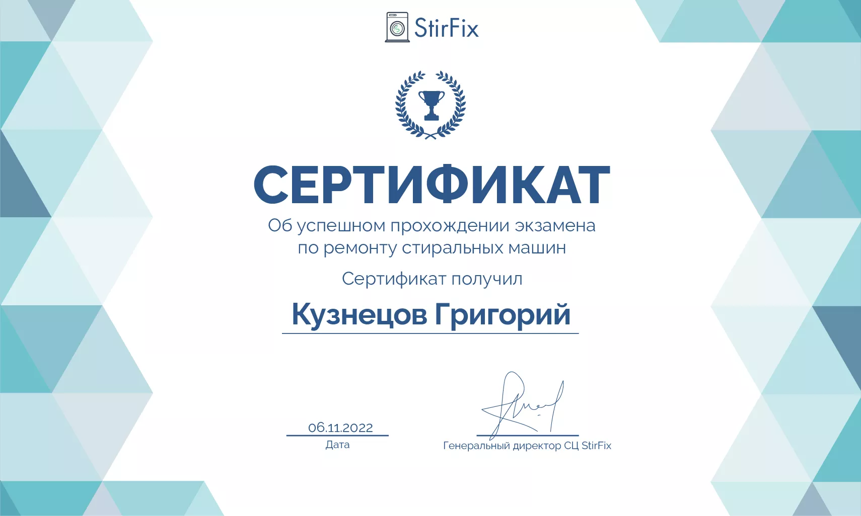 Кузнецов Григорий сертификат мастера по ремонту стиральных машин